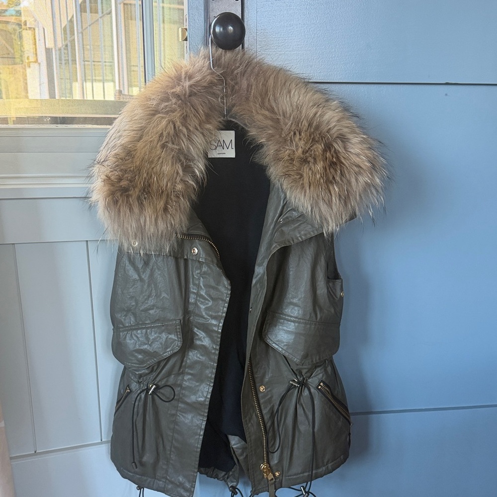 SAM. Olive Green Waxed Vest with Brass Zippers and Real Fur Removable Collar